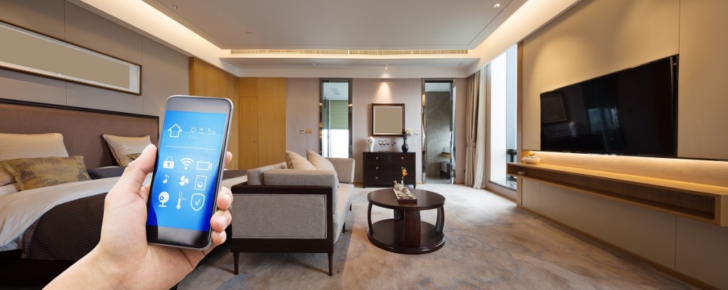 mobile phone with apps in modern luxury bedroom